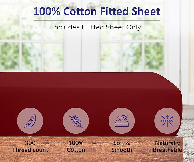 ROYALE LINENS 300 Thread Count 100% Long Staple Combed Cotton Fitted Sheet Full - Super Soft Deep Pocket Bottom Sheet - Fitted Sheets Only - Elastic Sheets (Full, Red)