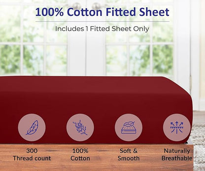 ROYALE LINENS 300 Thread Count 100% Long Staple Combed Cotton Fitted Sheet Queen - Super Soft Deep Pocket Bottom Sheet - Fitted Sheets Only - Elastic Sheets (Queen, Red)