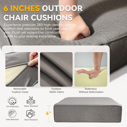 6" Thick Outdoor Chair Cushions - 22"* 24" Patio Furniture Cushions with Water Resistant & Removable Cover, 28D High Density Sponge Patio Cushion for Outdoor Furniture Couch Chair Grey