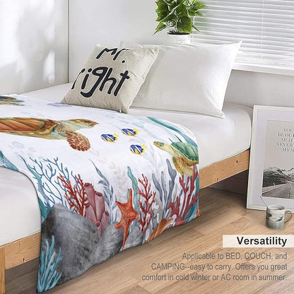 Sea Turtle Throw Blanket, Teal Blue Ocean Underwater Animal Starfish Fish Nautical Coastal Theme Fleece Flannel Blanket for Couch Sofa Bedroom Adults Kids, 50"x60"