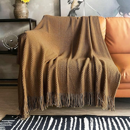 LOMAO Knitted Throw Blanket with Tassels Bubble Textured Lightweight Throws for Couch Cover Home Decor (Khaki, 60x90)