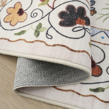 Rugcomf Living Room Rug 6x9 Rug Machine Washable Boho Area Rug Non Slip Floral Animal Cat Vintage Low Pile Large Rug for Living Room Bedroom Farmhouse Dining Room Kids Playroom, Beige