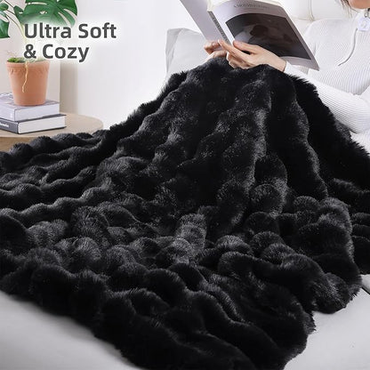 Smoofy Faux Fur Throw Blanket for Couch – Black Fluffy Cozy Rabbit Fleece, Plush Soft Bubble Blanket for Sofa & Bed, for Mom, Warm Fuzzy Home Room Decor Throw 50" x 60"