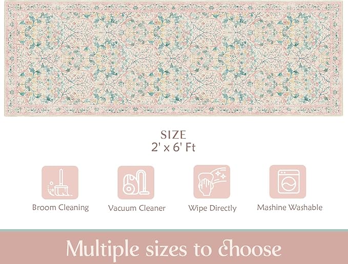 MUJOO Washable Runner Rug Pink,Floral 2x6 Runners for Hallway Kitchen Bedroom Bedside Bathroom Laundry Room,Long Non Slip Throw Carpet Boho Indoor Botanical Vintage Ultra-Thin