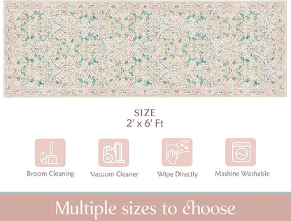 MUJOO Washable Runner Rug Pink,Floral 2x6 Runners for Hallway Kitchen Bedroom Bedside Bathroom Laundry Room,Long Non Slip Throw Carpet Boho Indoor Botanical Vintage Ultra-Thin
