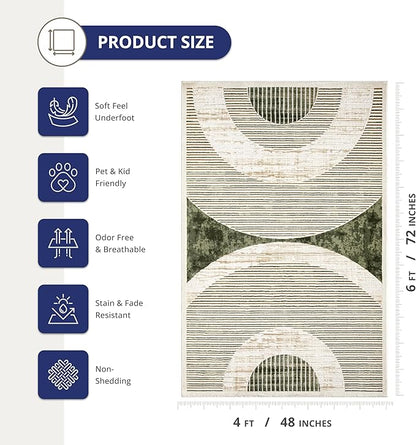 Abani Mid-Century Green Arch Washable Area Rug – 4' x 6' – Modern Geometric Design – Ivy Collection – Non-Shedding, Easy to Clean – Durable for High Traffic Areas – Living Room, Bedroom & Office