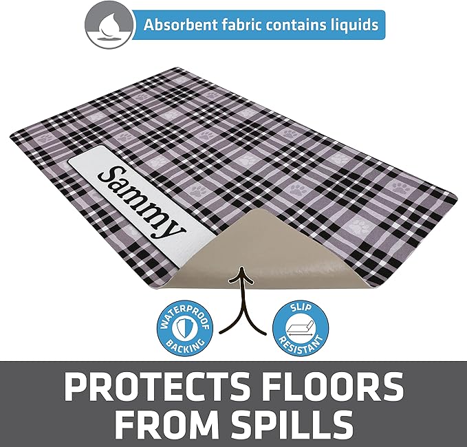 Drymate Personalized Pet Bowl Placemat, Custom Dog & Cat Food Feeding Mat - Absorbent Fabric, Waterproof Backing - Machine Washable/Durable (USA Made) (12" x 20") (Black Paw Plaid)
