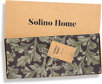 Solino Home 100% Pure Linen Table Runner 120 Inches Long - Floral Print Green and Brown Table Runner 14 x 120 Inch - Handcrafted and Machine Washable - Fallen Leaves Print