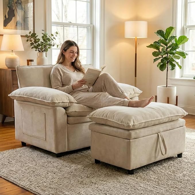 Furnimart Super Plush Cloud Chair with Storage Ottoman, Oversized Chaise Lounge Chair, Thick Chenille Cushions, Pillow Armrest & Storage, for Living Room, Bedroom, Modern Comfort(Beige)