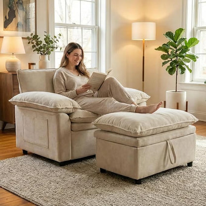 Furnimart Super Plush Cloud Chair with Storage Ottoman, Oversized Chaise Lounge Chair, Thick Chenille Cushions, Pillow Armrest & Storage, for Living Room, Bedroom, Modern Comfort(Beige)