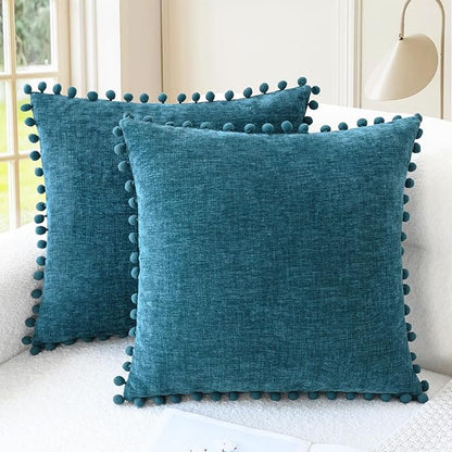 CaliTime Throw Pillow Covers Decorative 20 X 20 Inches Pack of 2 Cozy Solid Dyed Soft Chenille Cushion Cases with Pom Poms for Couch Sofa Bed Living Room Home Ocean Blue