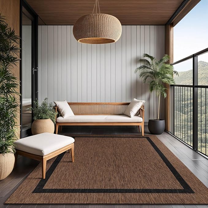 Bordered Outdoor Rug 10x14 Washable Outside Carpet for Indoor Patio Porch Waterproof Easy Cleaning Non Shedding Area Rugs Nut Brown - Black 10 x 14
