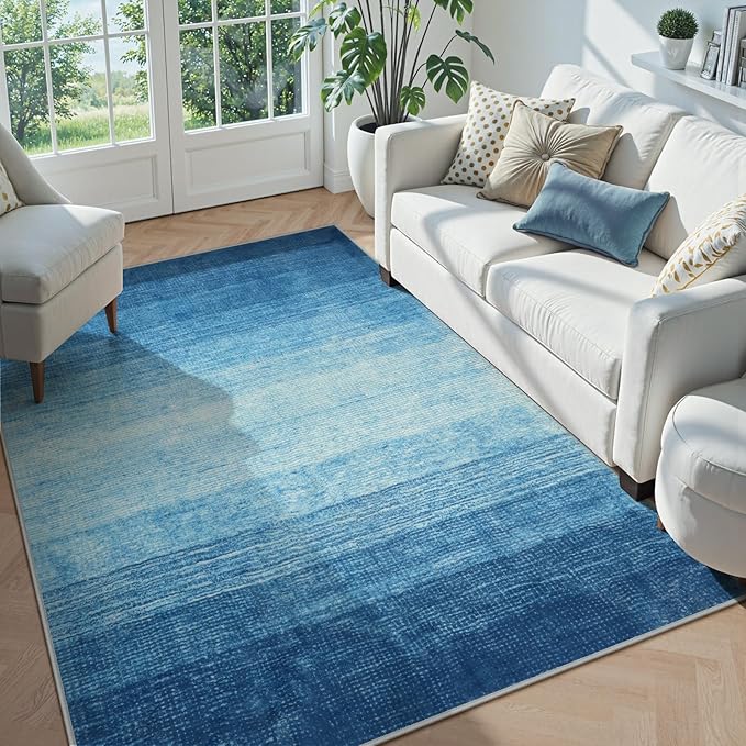 Wonnitar Modern Ombre Washable 5x7 Area Rugs, Large Blue Rug for Bedroom, Non-Shedding Living Room Throw Rug, Non-Slip Abstract Dining Room Floor Carpet for Bedside Kids Room (Blue, 5'x7')