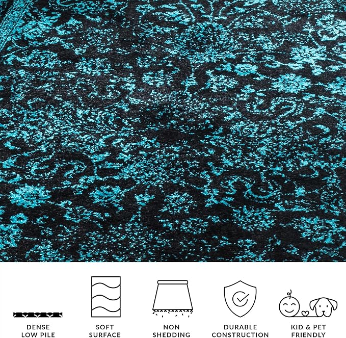 SAFAVIEH Adirondack Collection Runner Rug - 2'6" x 16', Black & Teal, Distressed Vintage Floral Design, Non-Shedding & Easy to Clean, Ideal for Hallway, Foyer, Entryway, Bedroom (ADR109K)