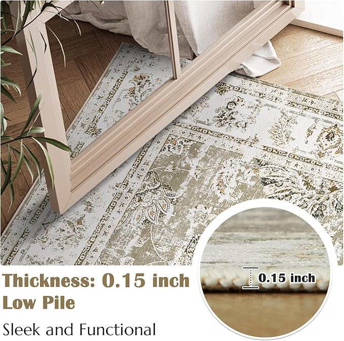 jinchan Fiora Runner Rug 3x10-2pcs Kitchen Washable Vintage Hallway Rug Floral Print Floor Cover Indoor Thin Retro Mat Accent for Bathroom Laundry Room Bedroom Office Farmhouse (Double, Taupe)