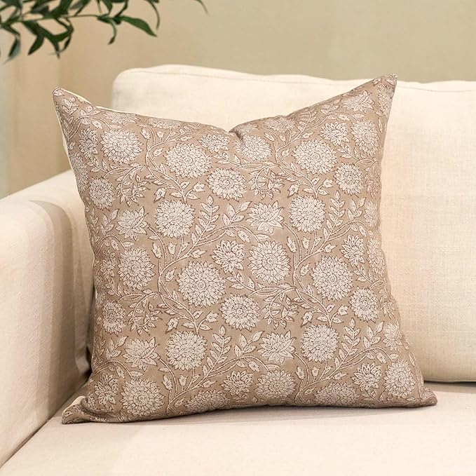 Amor Virisso Floral Pillow Covers 24x24 Throw Pillow Covers Vintage Block Print Pillow Cover Neutral Couch Pillows for Living Room Farmhouse Decorative Accent Sofa Pillows, Light Camel