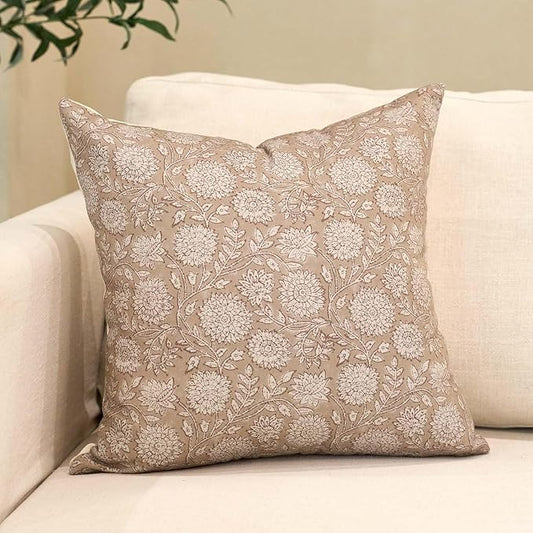 Amor Virisso Floral Pillow Covers 24x24 Throw Pillow Covers Vintage Block Print Pillow Cover Neutral Couch Pillows for Living Room Farmhouse Decorative Accent Sofa Pillows, Light Camel
