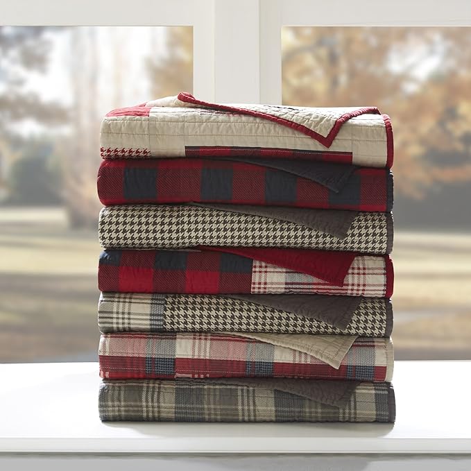 Woolrich Luxury Quilted Throw - Cabin Lifestyle, Patchwork with Moose Design All Season, Lightweight and Breathable Cozy Bedding Layer Throws for Couch Sofa, 50" W x 70" L, Winter Hills Tan