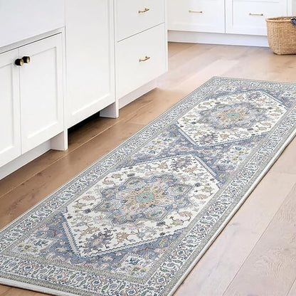 OPPODREAM Thin Entryway Rug 2x6, 2x6 Rug Runner, Washable Hallways Carpet 2 x 6 with Non Slip Backing, Low-Pile Bedside Carpet 2 x 6, Long, Faux Cashmere, Purple & Green & Cream