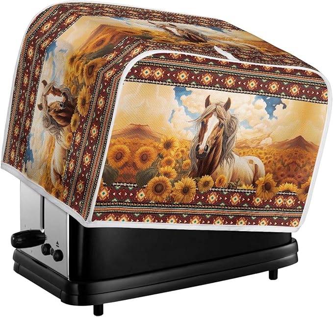 Aztec Horse Sunflower Printed Toaster Cover for Home, Tribal Horse Printed Bread Maker Cover Dirt and Fingerprint Protection, 2 Slice Toaster Oven Covers Kitchen Accessories