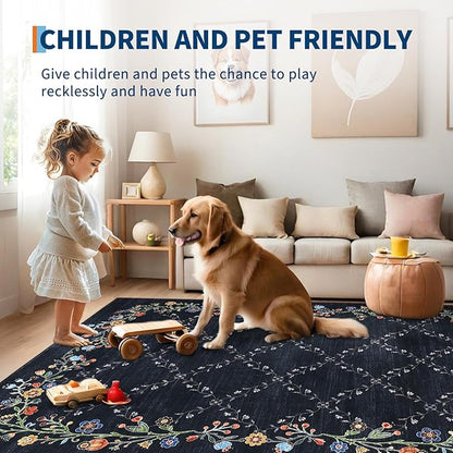 GarveeHome 8x10 Washable Floral Area Rugs for Living Room: Modern Floral Non Slip Large Area Rugs for Bedroom, Large Machine Washable Living Room Low Pile Carpet with Non-Slip Backing Black 8'x10'.
