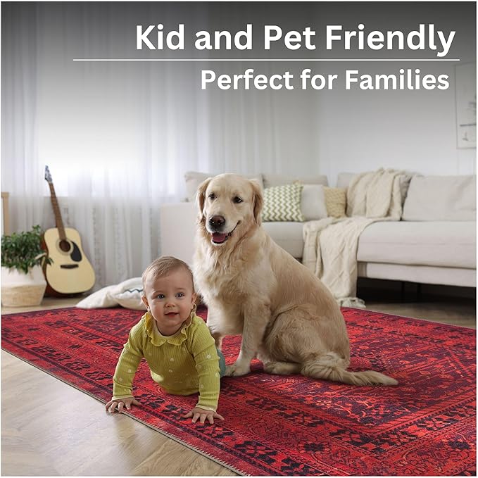 Bloom Rugs Washable Non-Slip 8' x 10' Rug - Red Traditional Bordered Area Rug for Living Room, Bedroom, Dining Room, and Kitchen - Exact Size: 8' x 10'