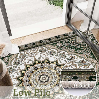 8x10 Traditional Oriental Area Rug White Dark Green Rug Non Slip Low Pile Large Carpet for Home Kitchen Living Room Bedroom Dining Room Office