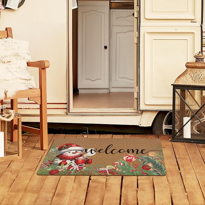 Christmas Snowman Door Mat, Winter Welcome Doormat, Christmas Holiday Welcome Front Door Mat Indoor Outdoor Entrance, Xmas Botanical Artificial Coir Doormats Rugs for Porch Entryway 30x17in