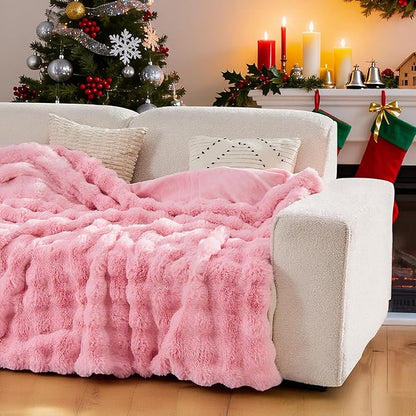 Lotus Karen Faux Fur Throw Blanket Pink - Big Bubble Rabbit Fluff Blanket for Couch, Large Fluffy Fuzzy Cozy Blanket,Thick Furry Plush Shaggy Blankets,90x90 Inches