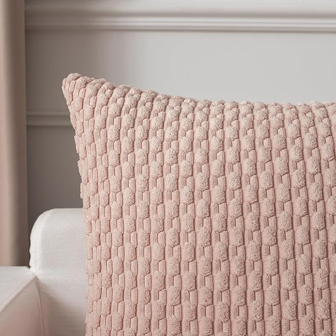 Kevin Textile Valentines Day 12x20 Inch Pillow Cover 1 Pack Boho Decorative Soft Striped Corduroy Lumbar Farmhouse Accent Rectangle Cushion Case for Living Room Couch Sofa Bed, Light Pink