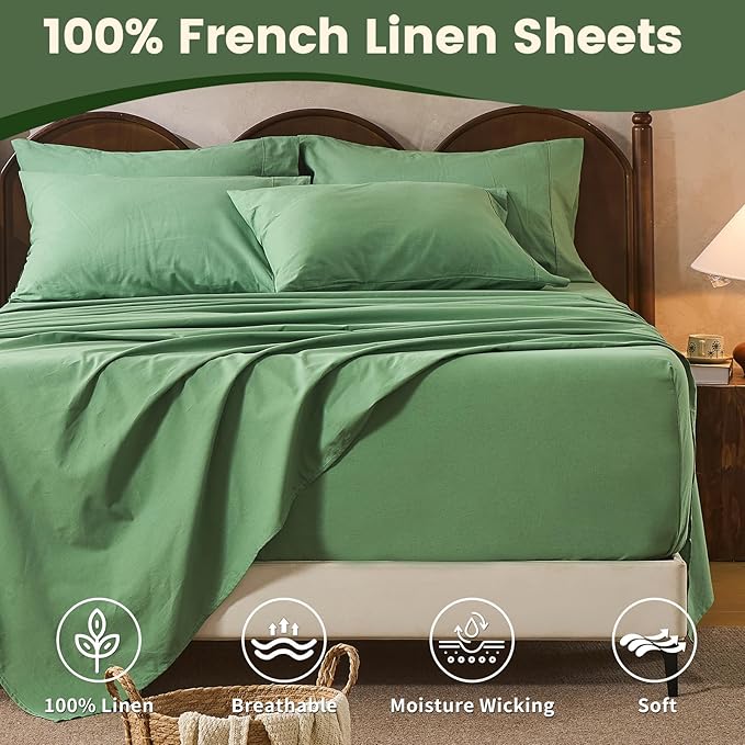 100% Linen Sheet Set King Size Extra Deep Pocket Fits 18-24 Inch Mattress, Breathable & Soft, Smooth 6-Piece Set for Thick Mattresses Hotel Luxury Bedding（King, Sage Green）