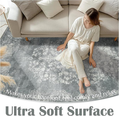 jinchan Washable Area Rug 6x9 for Living Room - Soft Faux Wool Ultra-Thin Stain Resistant Non-Slip Distressed Vintage Floral Rug Large Carpet for Bedroom Dining Room Home Office Nursery(Grey, 6'x9')