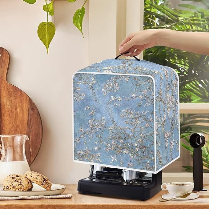 Oil Painting Style Coffee Maker Covers With Top Handle Folding Coffee Machine Dust Covers For Blender Mixer Juice Machine Keep Office Home Kitchen Clean Almond Blossoming Blue