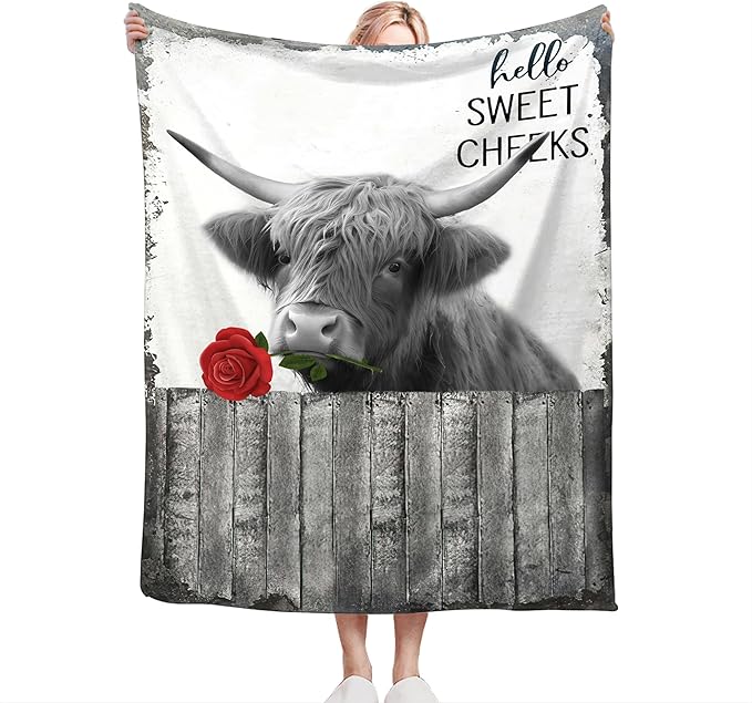 Funny Highland Cow Throw Blanket - Farm Cow Gifts & Decor, Soft Warm Cozy Fleece Blanket for Couch, Sofa, Bed - 80"x60"