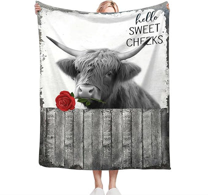 Funny Highland Cow Throw Blanket - Farm Cow Gifts & Decor, Soft Warm Cozy Fleece Blanket for Couch, Sofa, Bed - 80"x60"