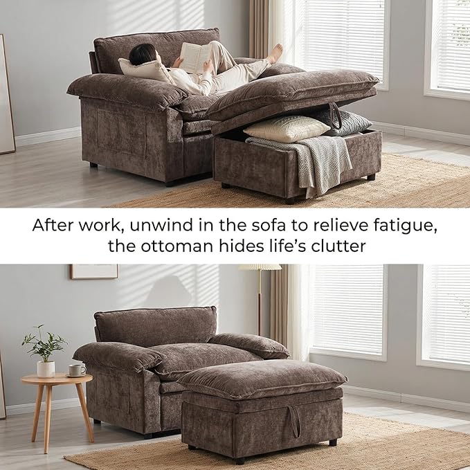 Furnimart Super Plush Cloud Chair with Storage Ottoman, Oversized Chaise Lounge Chair, Thick Chenille Cushions, Pillow Armrest & Storage, for Living Room, Bedroom, Modern Comfort(Brown)