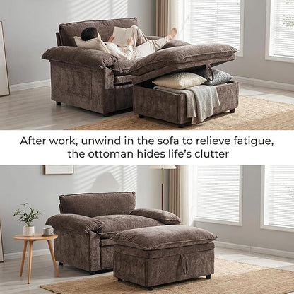 Furnimart Super Plush Cloud Chair with Storage Ottoman, Oversized Chaise Lounge Chair, Thick Chenille Cushions, Pillow Armrest & Storage, for Living Room, Bedroom, Modern Comfort(Brown)