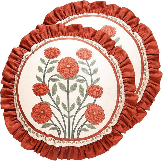 Vintage Round Throw Pillow Covers Pack of 2,Red Cozy Velvet with Leaves and Floral Pattern Pillowcases,Decor Pillows Cushion Covers for Living Room Couch Sofa Bed Car,Diameter 16"