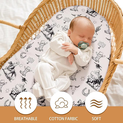 VitalCozy 4 Pcs Vintage Western Cowboy Bassinet Sheets Set 32 x 16 x 3 Inches Sheets for Standard Bed Toddler Mattresses Soft Breathable Cute Print Newborn Bedding for Girl Boys