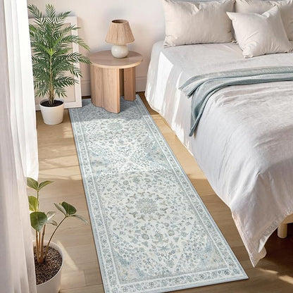 Moynesa Vintage Washable Blue 2x6 Hallway Runner Rug, Neutral Distressed Oriental Runner for Entryway Kitchen Bathroom Bedroom, Low Pile Soft Non-Slip Carpets for Nursery Laundry
