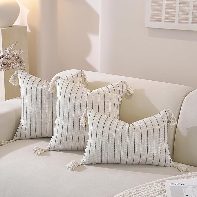 Boho Throw Pillow Covers 20x12 Inch Set of 2, Textured Linen Striped Lumbar Cushion Covers with Tassels, Soft & Cozy Farmhouse Decor Pillow Cases for Sofa, Couch, Bed, Living Room, Green