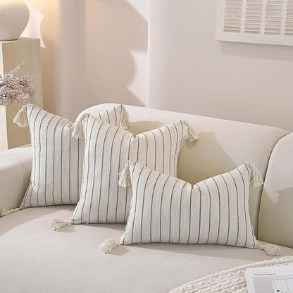Boho Throw Pillow Covers 18x18 Inch Set of 2, Textured Linen Striped Square Pillow Covers with Tassels, Soft & Cozy Farmhouse Décor Pillow Cases for Sofa Couch Bed Living Room, Green
