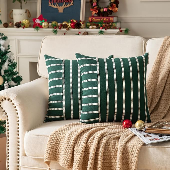 Boho Throw Pillow Covers 20x20 Set of 2 Soft Farmhouse Decorative Couch Pillow Cases Dark Green Striped Pillow Covers Neutral Cushion Covers for Sofa Bed Living Room Home Decor