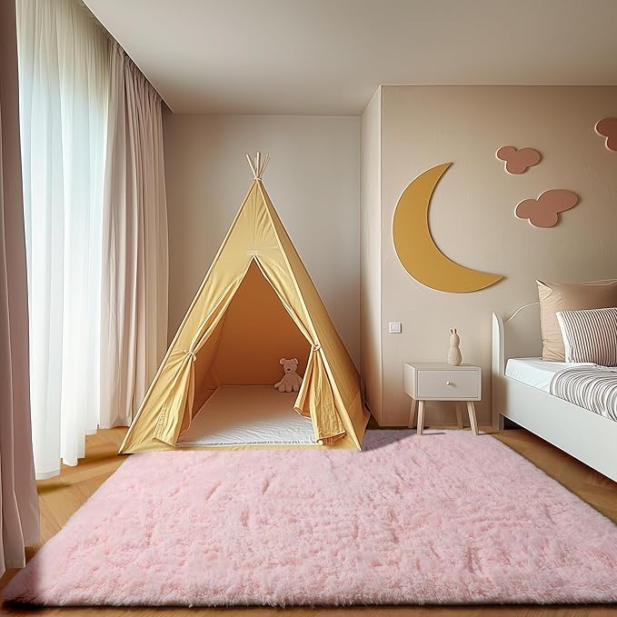 ONASAR Pink 6x9 Area Rugs for Living Room Bedroom, Washable Large Fluffy Bedside Throw Rug, Soft Plush Shaggy Fuzzy Floor Carpet for Nursery Kids Girls Boys Teen Dorm Home Office Decor Aesthetic