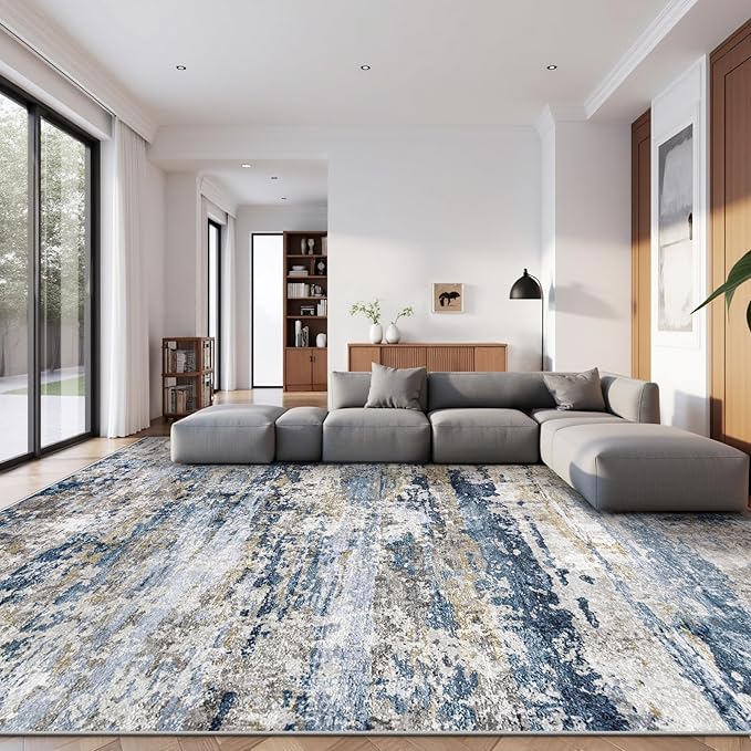 Area Rugs 9x12 for Living Room: Washable Rug Modern Abstract Neutral Soft Non-Slip Low-Pile Indoor Large Carpet for Bedroom Dining Room Playroom Home Office (Blue Grey Brown, 9'x12')