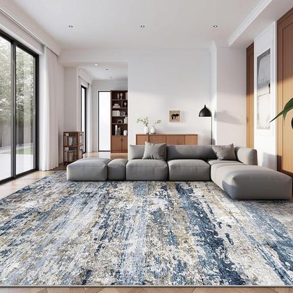 Area Rugs 9x12 for Living Room: Washable Rug Modern Abstract Neutral Soft Non-Slip Low-Pile Indoor Large Carpet for Bedroom Dining Room Playroom Home Office (Blue Grey Brown, 9'x12')