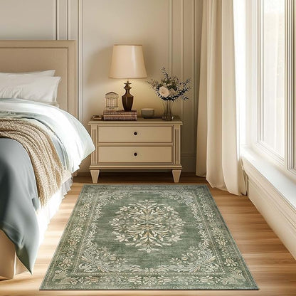 jinchan Green Floral 3x5 Area Rugs for Entryway - Machine Washable Vintage Distressed Design Low-Pile Soft Non-Shedding Christmas Carpet for Kitchen Bedroom Laundry Living Room (3x5ft, Dark Green)