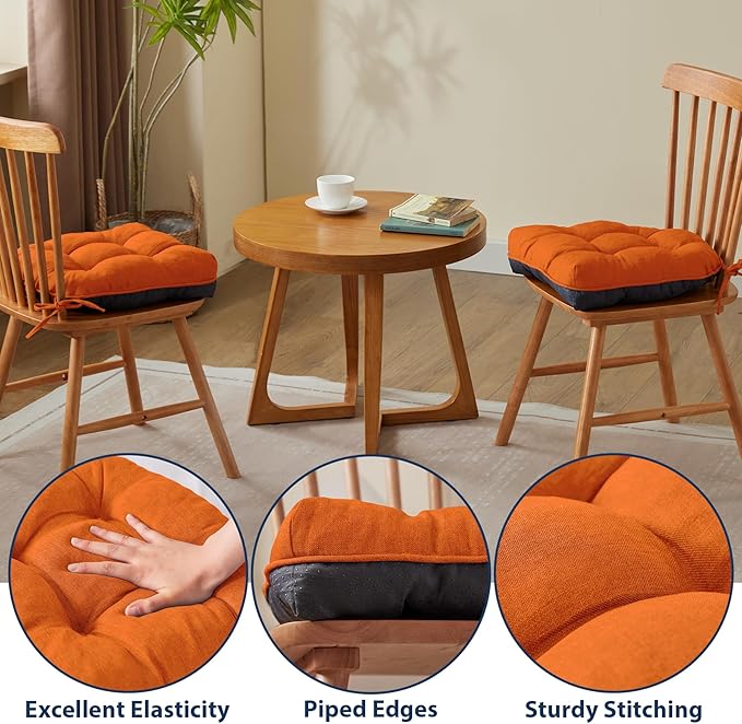 Chair Cushions for Dining Chairs, Seat Cushions for Kitchen Chairs, Indoor Seat Cushions with Ties, Tufted Foam Chair Pads, Non Slip Chair Cushions Set of 4, 15.5" x 15.5" x 4", Orange