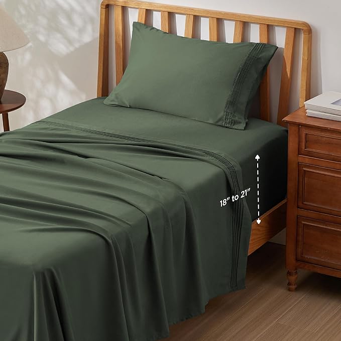 Bedsure Twin XL Sheets Dorm Bedding, GentleSoft Breathable Extra Long Twin Sheets & Pillowcases, Moisture Wicking Cooling, Deep Pocket Fits Mattress Up to 21 Inches Thick, Olive Green