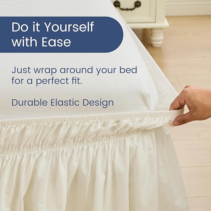 BISELINA Wrap Around Bed Skirts 17" Drop, Cotton Adjustable Elastic Dust Ruffles Easy Fit Wrinkle & Fade Resistant Soft Cozy Elegant Luxurious Bedding - White, King Size